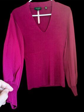 Ted Baker Sz 3 Magenta Ribbed Knit V-Neck Sweater US Size 8 Sheer Bishop Sleeves